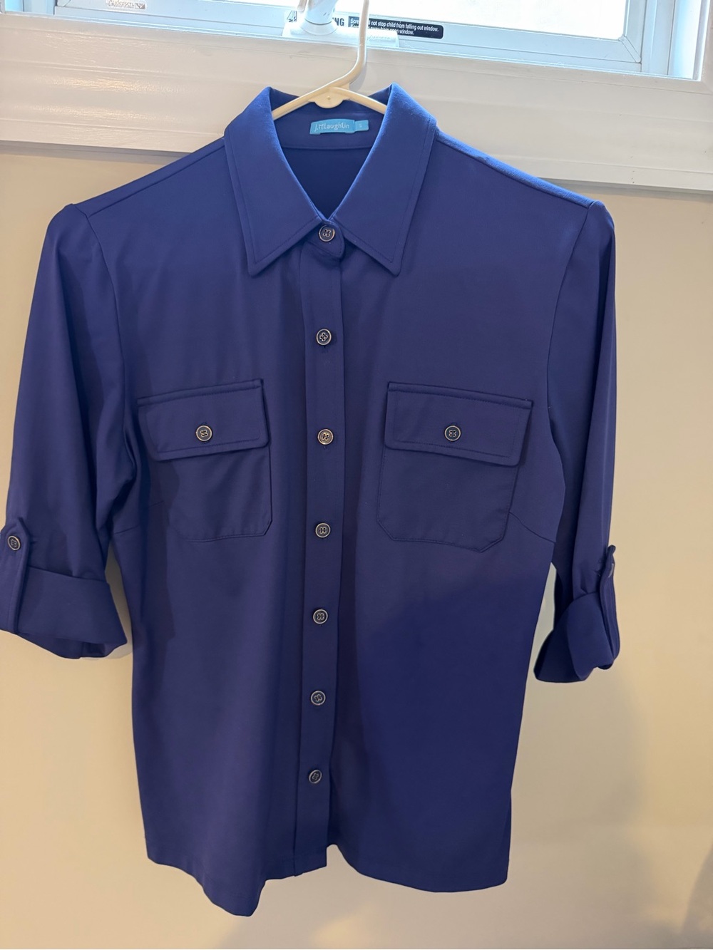 J. McLaughlin Deep Blue Button-Up Blouse with Chest Pockets